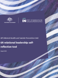 The front cover of the toolkit with the heading saying, “APS Mental Health and Suicide Prevention Unit, 6R relational leadership self-reflection tool”.