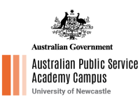 Australian Government logo with 3 Orange vertical rectangular blocks decreasing in width and colour from left to right with the words Australian Public Service Academy Campus.  University of Newcastle Australia logo and wording