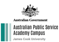 Australian Government logo with the wording "Australian Government", "Australian Public Service Academy Campus" "James Cook University"