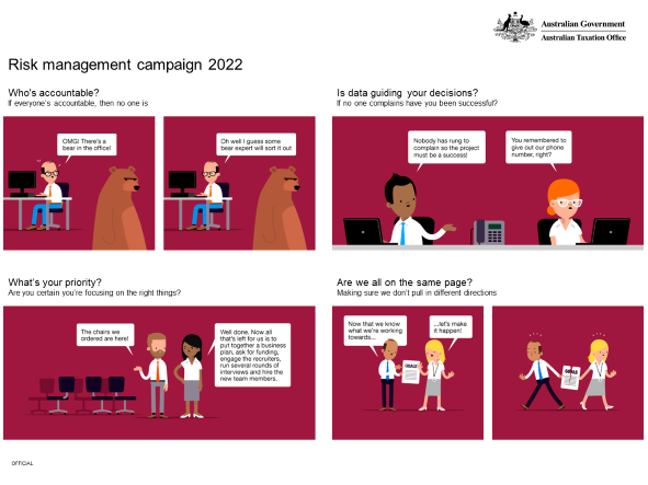 A cartoon strip of 4 scenarios. First one is; Who is accountable? If everyone’s accountable, then no-one is. Features a man at a desk with bear walking past. The second one; Is data guiding your decisions? If no one is complains, have you been successful?. The third scenario; What is your priority? Are you certain you’re focusing on the right things?. The fourth; Are we all on the same page? Making sure we don’t pull in different directions.