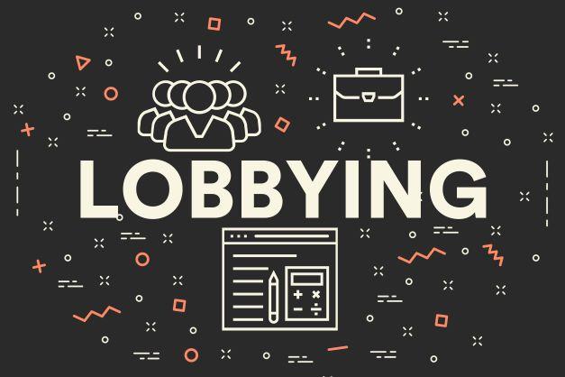 Image of word ‘Lobbying” on a black background with some illustrative icons of a group of people, briefcase and a chart. 