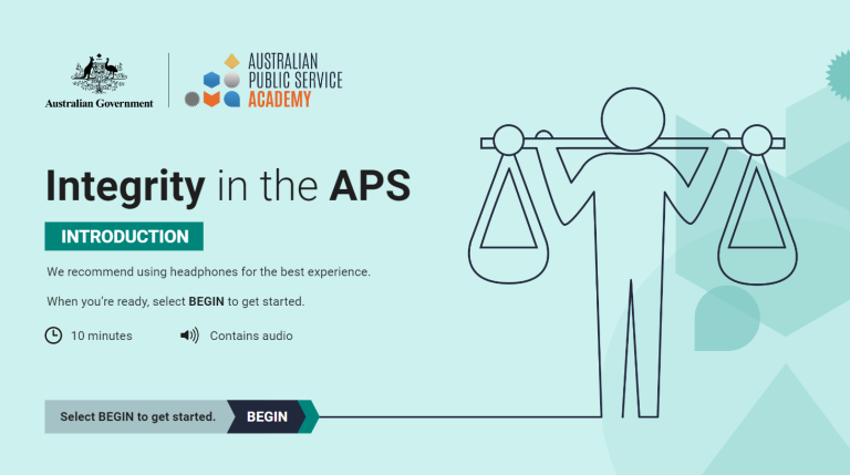 Illustrative tile with a graphic of a figure with a pole across back indicative of two scales saying Integrity in the APS