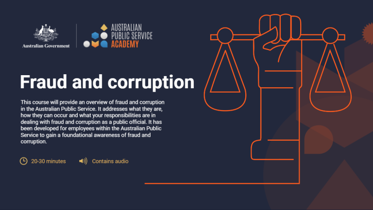 Graphic of illustrative hand holding scales with wording ‘fraud and corruption’ along with APS Academy and Australian government logos.