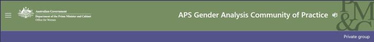 Header with logo of Department of Prime Minister and Cabinet with title wording of ‘APS Gender Analysis Community of Practice’.