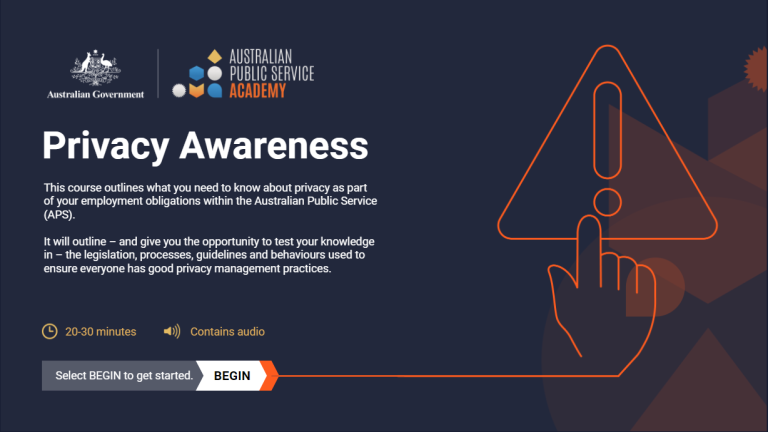 Graphic of illustrative hand pointing to a ‘caution’ symbol with wording ‘Privacy Awareness’ along with APS Academy and Australian government logos.