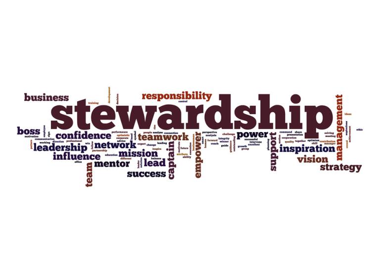 Image of a ‘word cloud’ that includes the largest word ‘stewardship’ among many other words