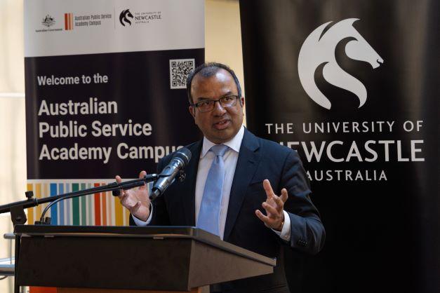 Dr Subho Banerjee APSC Deputy Commissioner launching APS Academy Campus at the University of Newcastle