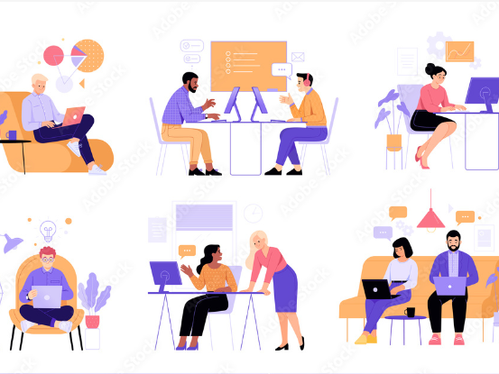 An illustration of 6 different types of office setting with drawn figures of people.