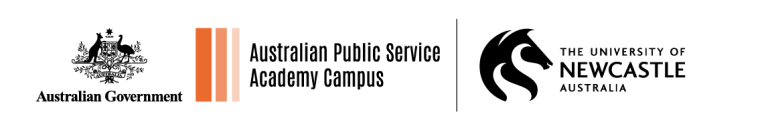 Australian Government logo with 3 Orange vertical rectangular blocks decreasing in width and colour from left to right with the words Australian Public Service Academy Campus.  University of Newcastle Australia logo and wording