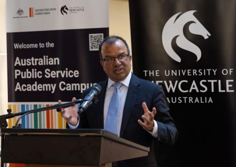 Dr Subho Banerjee APSC Deputy Commissioner launching APS Academy Campus at the University of Newcastle