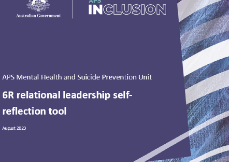 The front cover of the toolkit with the heading saying, “APS Mental Health and Suicide Prevention Unit, 6R relational leadership self-reflection tool”.