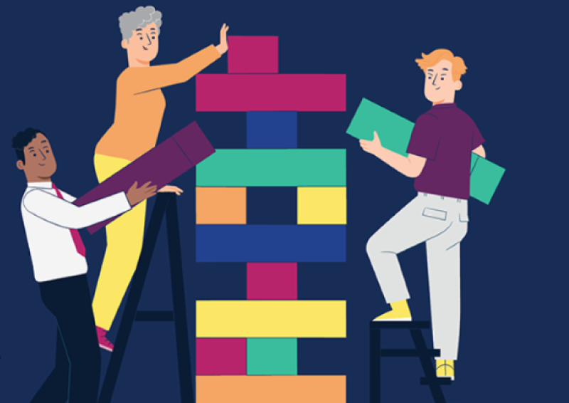 A figurative illustration of people stacking building blocks