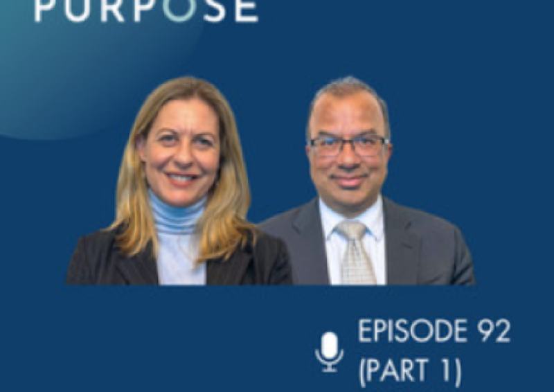 Image of Dr Rachel Bacon and Dr Subho Banerjee with the wording "Work with Purpose", a microphone symbol with the wording "Episode 92 (Part 1)"