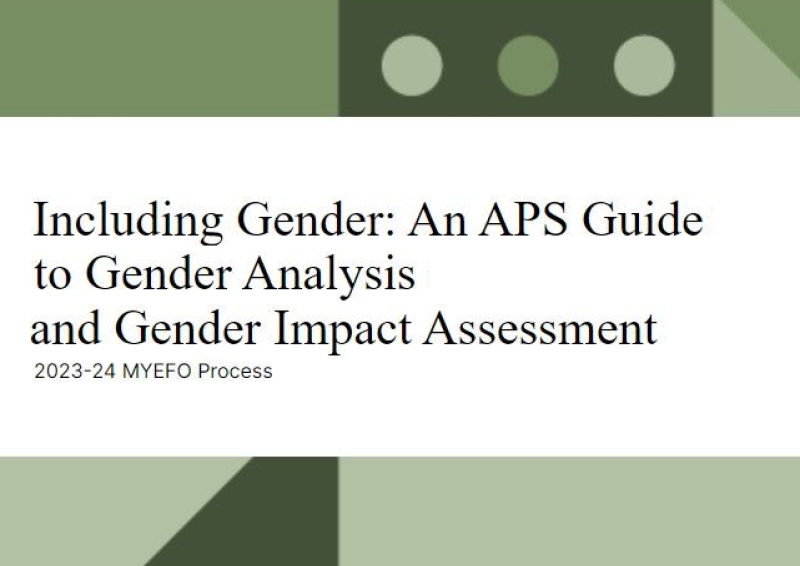 Front cover of report titled, “Including Gender, an APS Guide to Gender Analysis and Impact Assessment