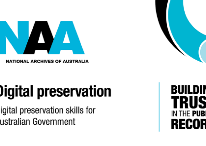 National Archives Australia logo with the text "Digital preservation.  Digital preservation skills for Australian Government" "Building trust in the public record"