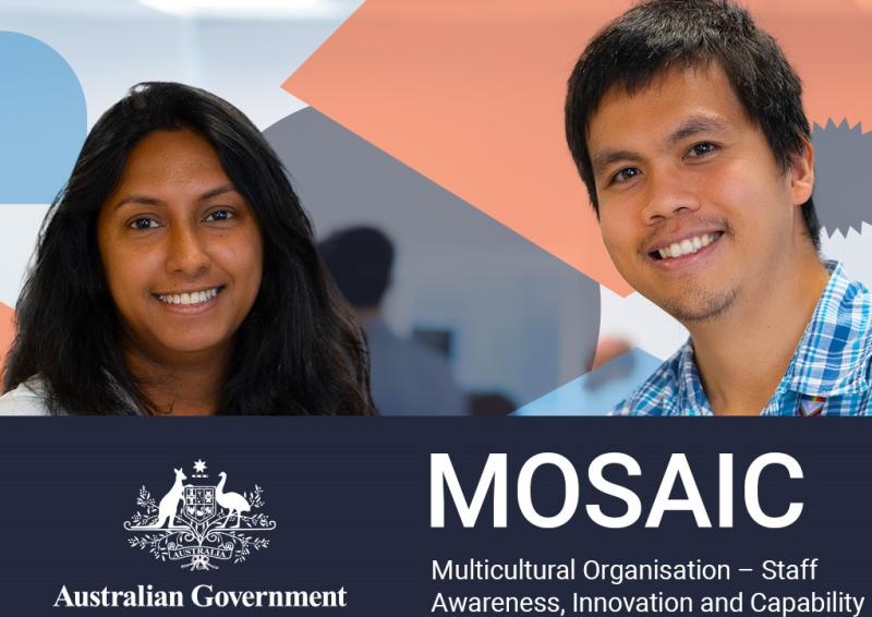 Two people standing in front of APS Academy branded background. Australian government logo and the wording "MOSAIC Multicultural Organisation - Staff Awareness, Innovation and Capability"