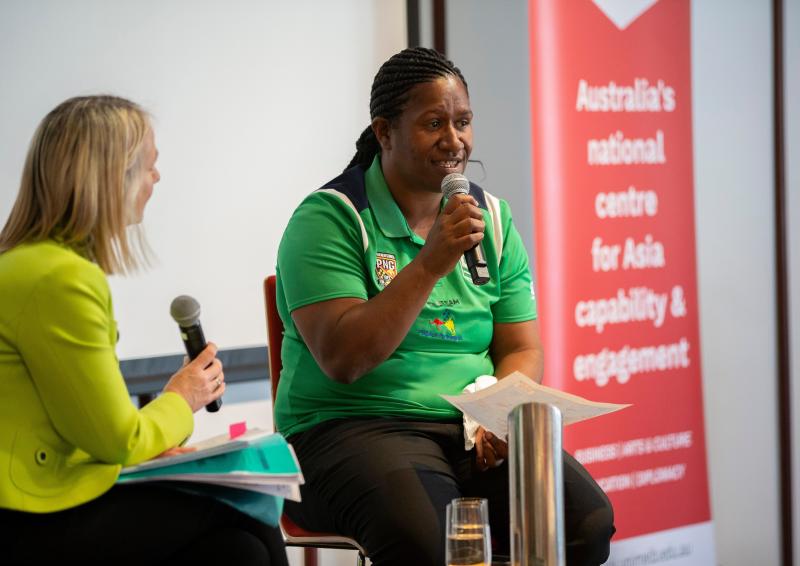 Canberra immersive session 2023- Building partnerships in PNG. Left to right Catherine Mudford (Asialink) in conversation with Cathy Neap, Country Manager PNG, National Rugby League