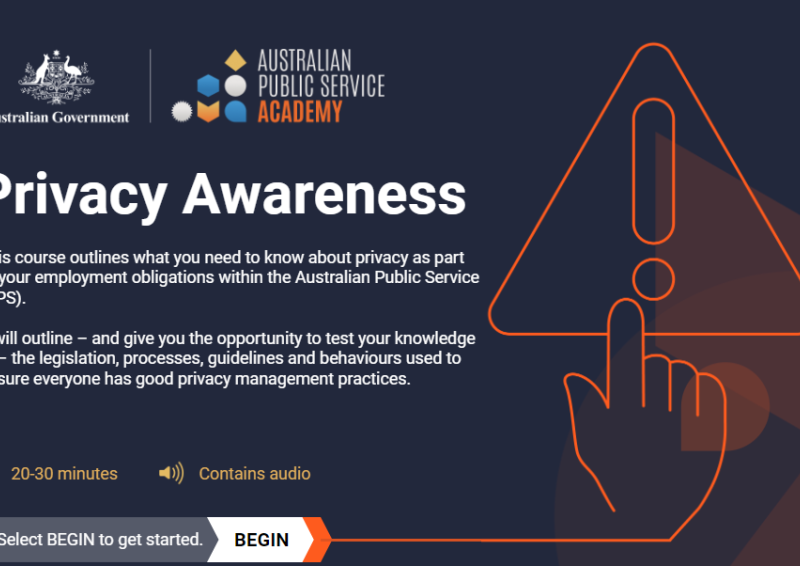 Graphic of illustrative hand pointing to a ‘caution’ symbol with wording ‘Privacy Awareness’ along with APS Academy and Australian government logos