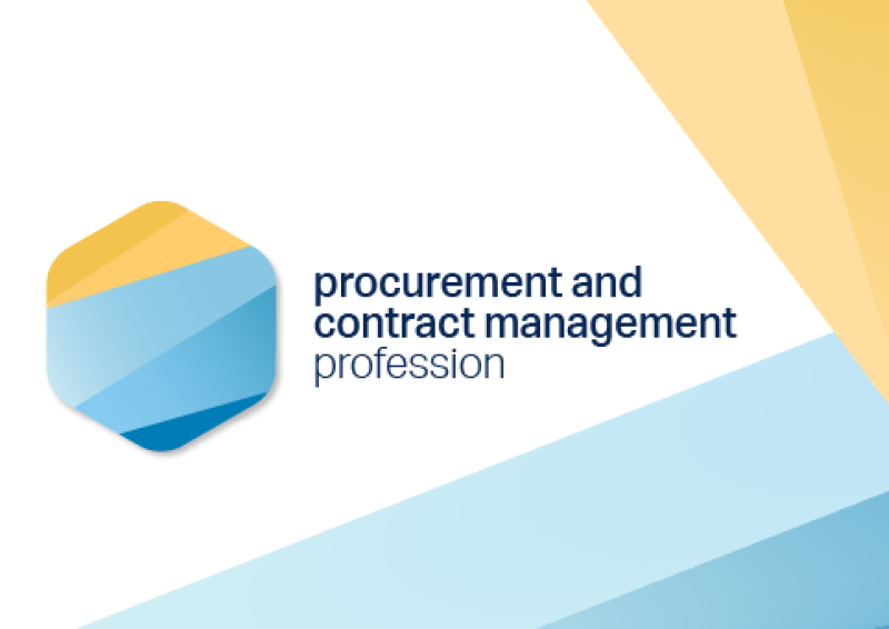 A large hexagon with shades of gold and blue hues sits to the left. The text procurement and contract management profession appears in the centre. The wording is framed on the right by gold and blue triangular boundaries.