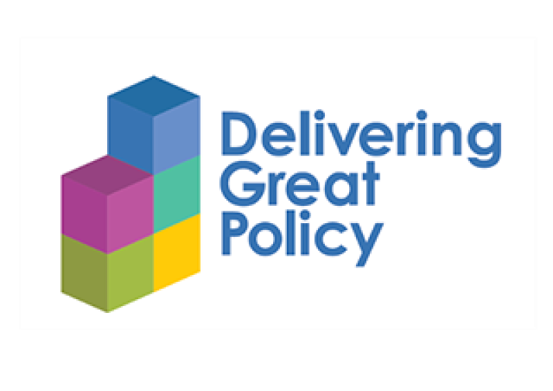 Different coloured blocks on top of one another with the wording "Delivering Great Policy"