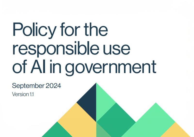 An illustrative double triangular graphic with a heading, ‘Policy for the responsible use of AI in government’.