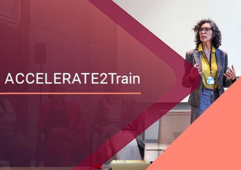 Wording ACCELERATE2Train with a woman standing presenting