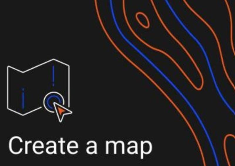 Image of a paper map icon with wording, ‘create a map’ set on a black background with orange and blue lines illustration.