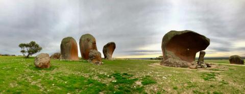 Pink granite rock formations including a natural shelter formed by wind erosion, called Murphy's Haystacks, 700 km northwest of Adelaide