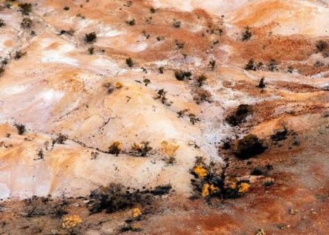 Aerial photo of dry ravine in outback Australia.