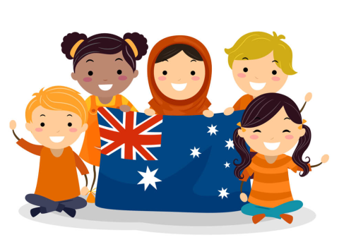 Illustrative image of 5 children gathered around an Australian flag