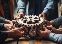 A figurative image of gear wheel with a number of people’s hands helping to turn it.