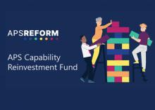 Image with wording ‘APS Reform – APS Capability Reinvestment Fund’. Features graphically images of three people stacking jenga blocks.