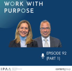 Image of Dr Rachel Bacon and Dr Subho Banerjee with the wording "Work with Purpose", a microphone symbol with the wording "Episode 92 (Part 1)"