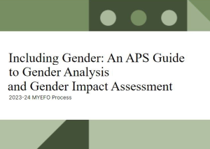 Front cover of report titled, “Including Gender, an APS Guide to Gender Analysis and Impact Assessment