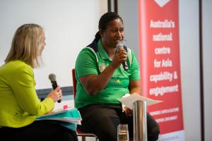 Canberra immersive session 2023- Building partnerships in PNG. Left to right Catherine Mudford (Asialink) in conversation with Cathy Neap, Country Manager PNG, National Rugby League