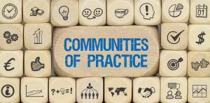 An illustration of dice stacked around the words, ‘Communities of Practice’.