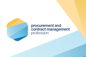 A large hexagon with shades of gold and blue hues sits to the left. The text procurement and contract management profession appears in the centre. The wording is framed on the right by gold and blue triangular boundaries.