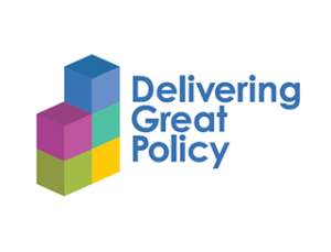 Different coloured blocks on top of one another with the wording "Delivering Great Policy"