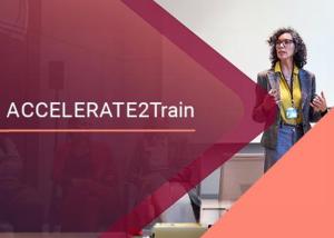 Wording ACCELERATE2Train with a woman standing presenting