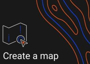 Image of a paper map icon with wording, ‘create a map’ set on a black background with orange and blue lines illustration.